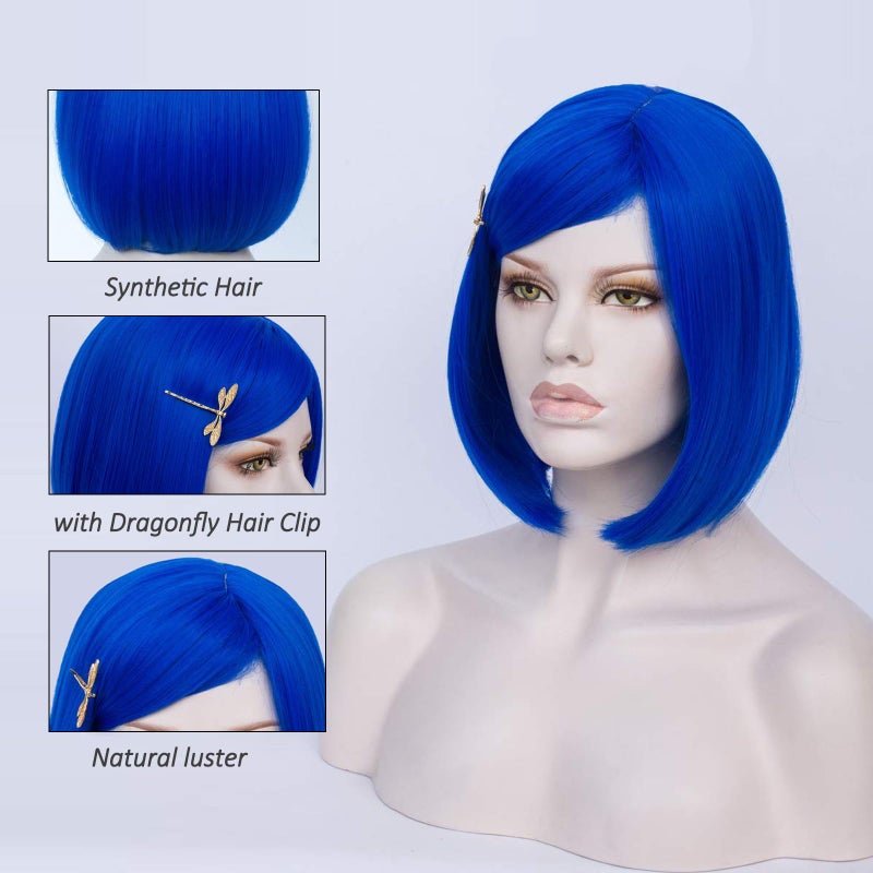 MORTICIA Short Straight Blue Women Bob Full Bang with Gold Dragonfly Hairpin (Adult) - Image 3